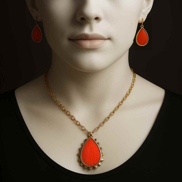 Gold-Tone Red Teardrop Statement Necklace & Matching Earrings Set – Bold Women - Picture 1 of 9
